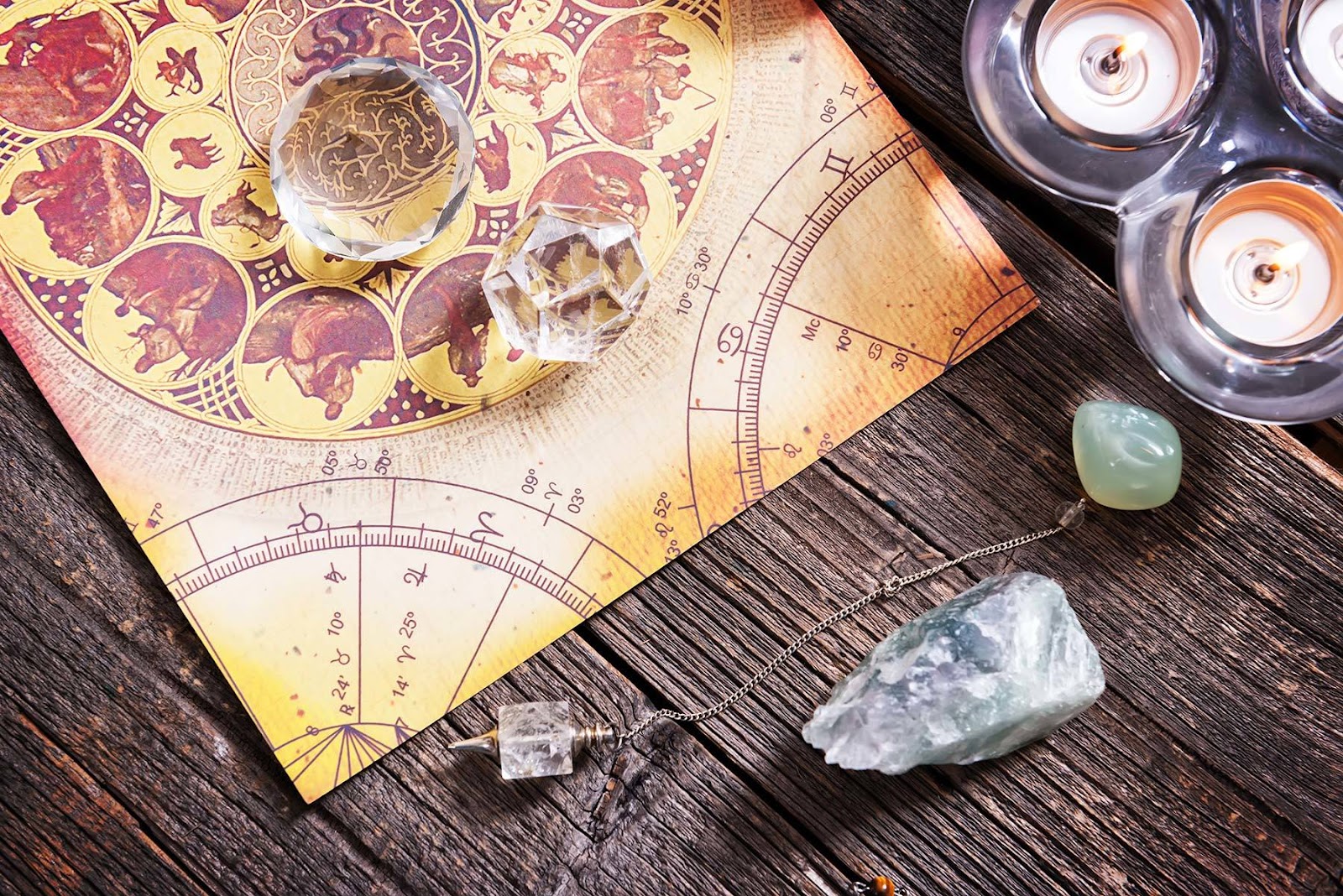 Candles, crystals and astrology chart at Psychic of Matthews