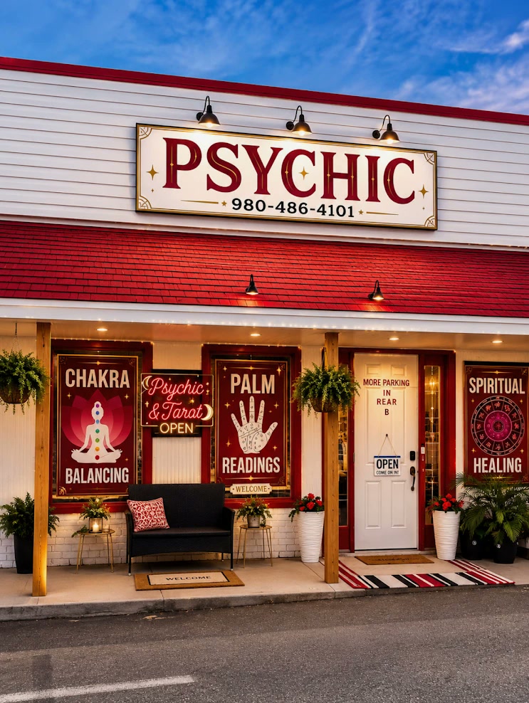 Psychic of Matthews storefront on Monroe Rd — psychic and tarot neon sign, Matthews NC